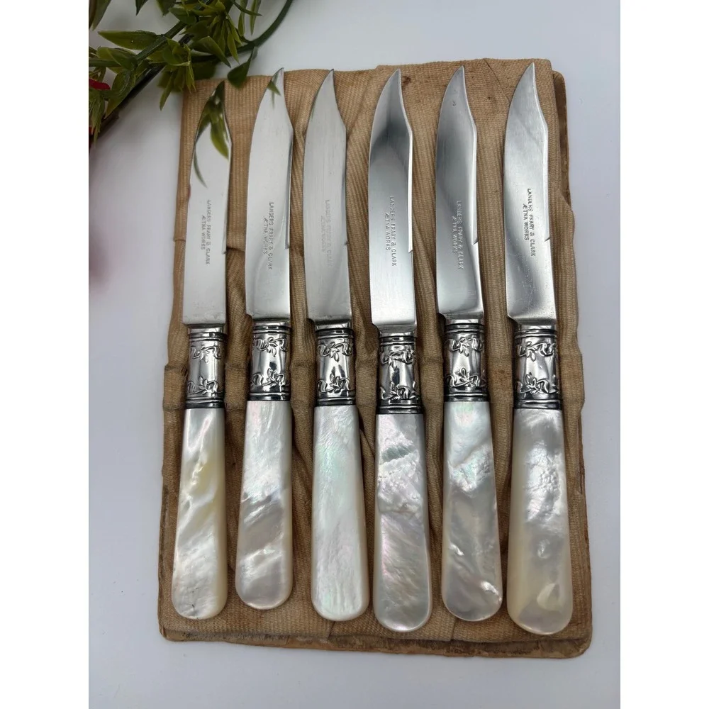 Sterling Silver Landers Frary & Clark Mother of Pearl‎ 925 Fruit Knives 6pc